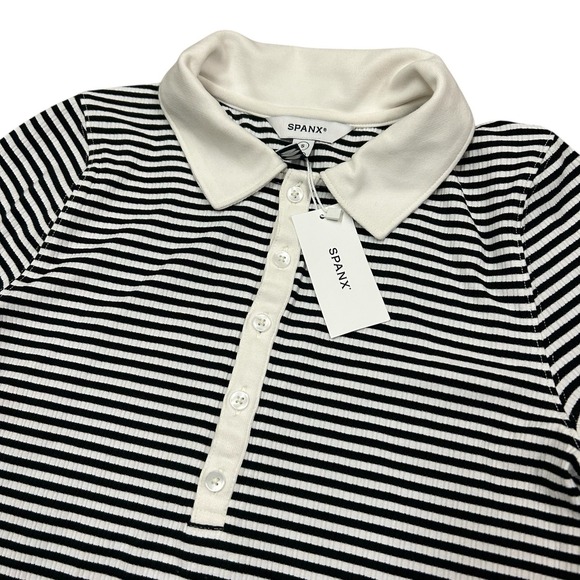 SPANX Tops - Spanx Rib Polo Top Womens Small Black White Stripe Stretch New with Tags NWT